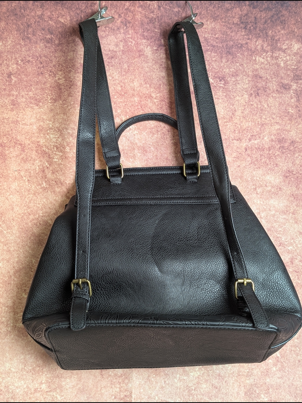 Darcy Marks London Black Vegan Leather Floral Embossed Backpack Purse - Picture 6 of 16